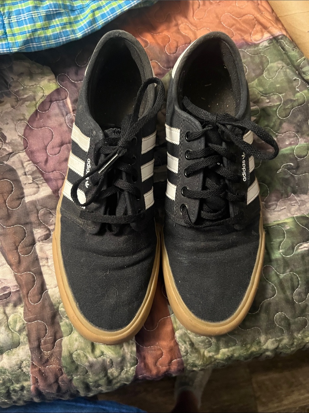 adidas Black Canvas Sneakers with White Stripes and Gum Sole